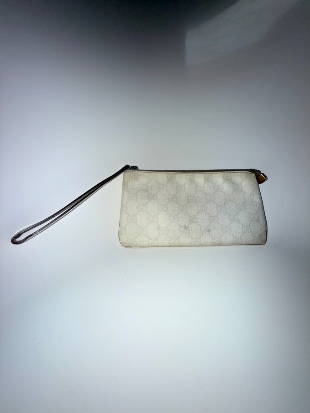 Authentic Gucci Silver GG Monogram  Canvas Metallic Silver Leather Trim